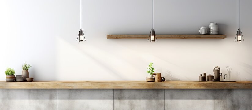 a loft kitchen corner with a white wall concrete floor wooden countertops and original lamps