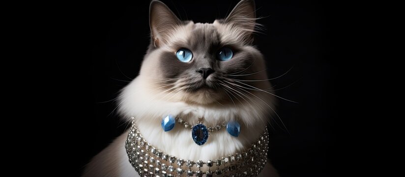 Blue eyed female Mekong Bobtail cat with a pearl necklace