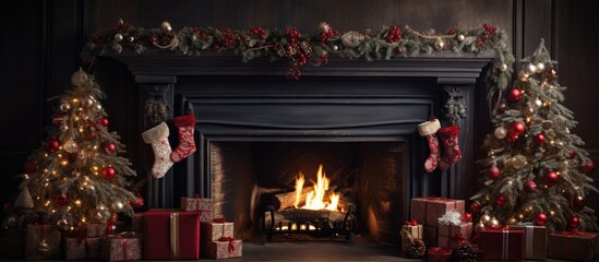 Christmas decorations on fireplace mantel