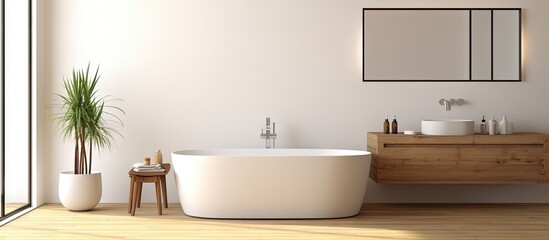 Fototapeta na wymiar a modern loft bathroom with a bathtub double sink wooden floor and white walls