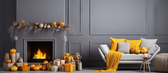 Christmas theme in a gray room with a yellow fireplace wood accents and Noel decorations