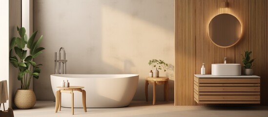 Contemporary bathroom design with organic sustainable furniture and luxury style