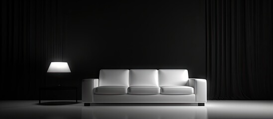A dimly lit a white sofa on a black and white background