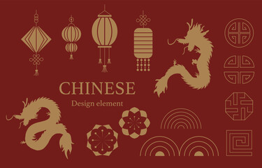 Fototapeta na wymiar Gold red Chinese New Year element with dragon,flower,lantern