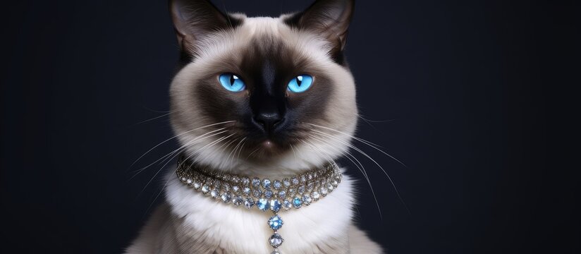Blue eyed female Mekong Bobtail cat with a pearl necklace