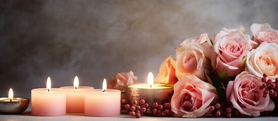 Close up interior details of a gray table adorned with a bouquet of fresh flowers and lit candles