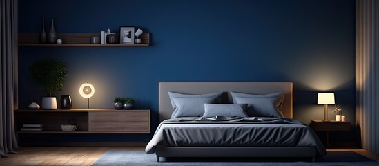 ed bedroom at night with blue walls and cozy evening lighting