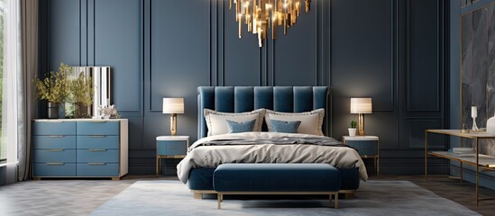 Classic blue style modern bed with accompanying bedside table lamp large glass chandelier dresser with decor and golden mirror above in a modern bedroom rendered in
