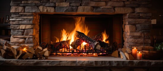 Obraz premium Cosy interior decoration in house with warm orange flame from burning logs in brick fireplace