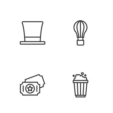 Set line Popcorn in cardboard box, Circus ticket, Cylinder hat and Hot air balloon icon. Vector