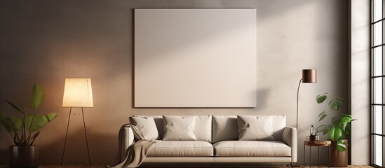 A illustration of a square poster on a concrete wall in a modern living room