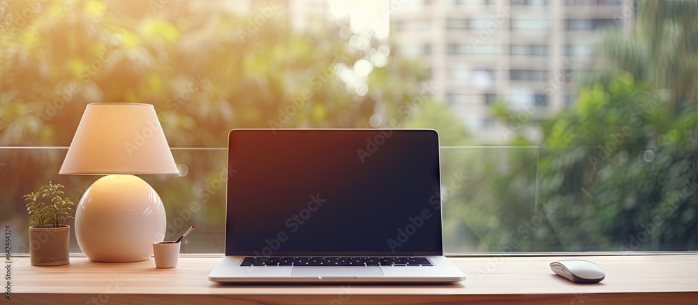 Poster blurred office background with a wooden desk laptop wireless mouse graphics tablet and notebook