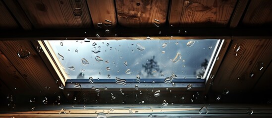 Obraz premium A distorted image is seen through a roof window slightly opened in the attic as rain drips on the glass