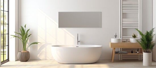 Obraz na płótnie Canvas Contemporary bathroom with bathtub sink and wall mounted mirror