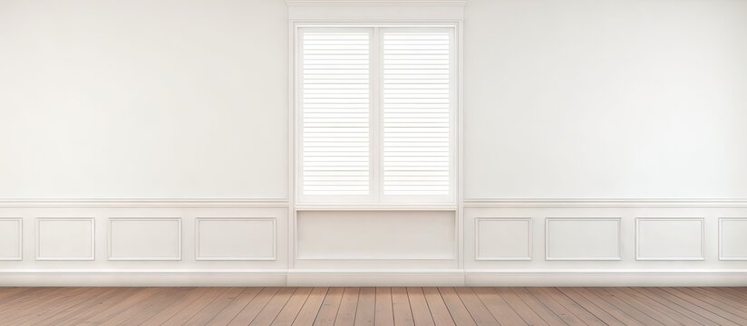 Aluminum window with half raised shutter in an empty room with wooden floorboards and plain white walls