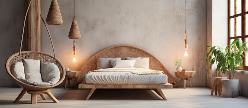 a loft style bedroom with a rustic design featuring a bed on a wooden podium dotted lighting and a wicker designer chair and desk