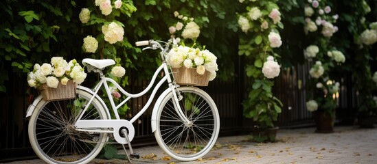 A white bike adorned with floral baskets and fake ivy