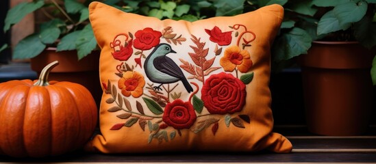 An embroidered pillow adorned with a pumpkin bird flowers and leaves
