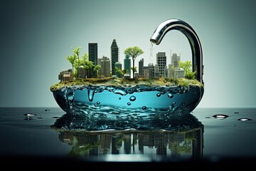 Drop of water falls from Earth in a water saving concept. Generative AI