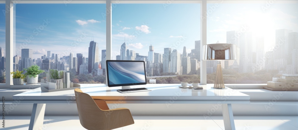 Poster a stylish workspace with a computer on a white table mirror wall and city view from a panoramic window