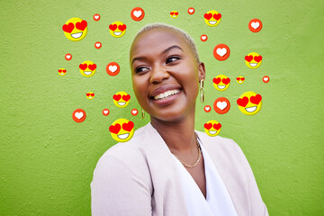 Social media, heart and love icon of a woman or influencer for emoji app or online dating. Face of African person thinking of chat, reaction or communication notification overlay on green background
