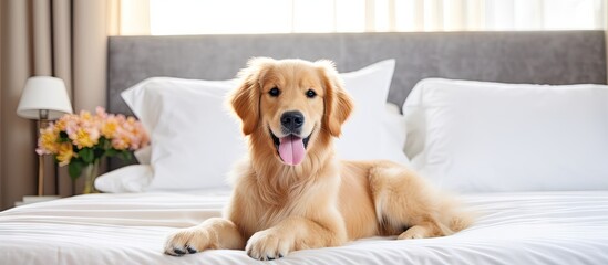 Colorful golden retriever puppy in an elegant bedroom with a king size bed table and pet friendly accommodations