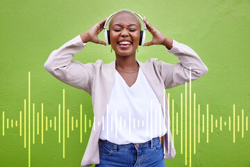 Music headphones, singing and happy black woman on green wall background overlay. Radio, dance and...