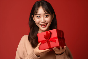 Fototapeta premium An Asian woman in a red uniform prepares a package for delivery next to a parcel post box. This image features a cheerful delivery woman against a vibrant red background. Generative AI.