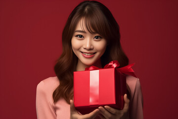 An Asian woman in a red uniform prepares a package for delivery next to a parcel post box. This image features a cheerful delivery woman against a vibrant red background. Generative AI.