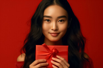 Fototapeta premium An Asian woman in a red uniform prepares a package for delivery next to a parcel post box. This image features a cheerful delivery woman against a vibrant red background. Generative AI.