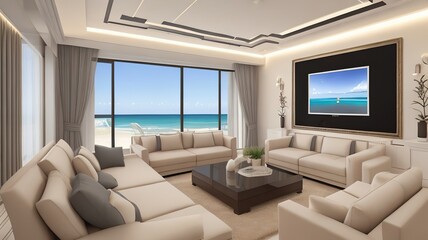 Fototapeta premium Sofa near blank picture frame on white wall of living room in modern house or luxury hotel. Cozy home interior 3d rendering with beach and sea view