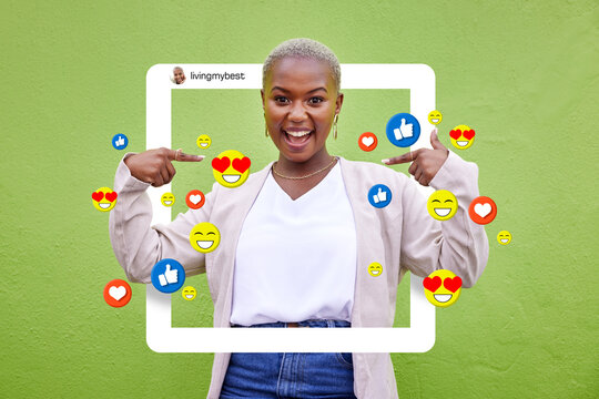 Social media, icon and influencer woman content, profile or frame for love emoji, fan page or app. Portrait of excited African person for online post, like notification or overlay on green background - Powered by Adobe
