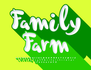 Vector advertising emblem Family Farm. Funny playful Font. Bright 3D Alphabet Letters and Numbers with Green Shadow