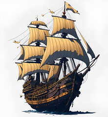 Illustration of a caravel galeon or carrack pirate ship 1 - obrazy, fototapety, plakaty