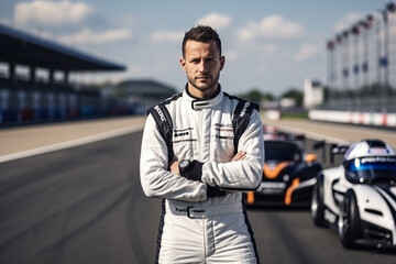 Confident race car driver at the track. 