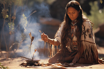 Indigenous woman performing a traditional smudge ceremony. 