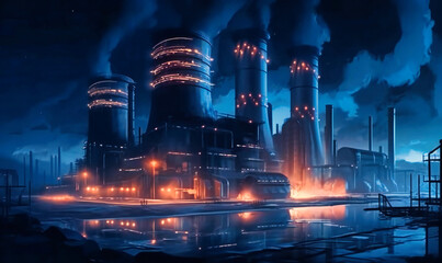 Immersive nighttime animation of nuclear power plant - obrazy, fototapety, plakaty