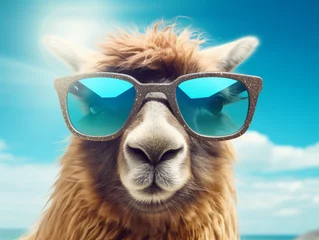 Papier Peint photo Lama Camel with Sunglasses at beach