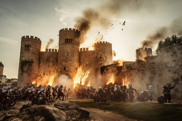 Medieval castle under siege by a medieval army. 