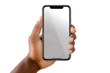 A smartphone held. Transparent background. white screen.