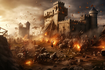 Medieval castle under siege by a medieval army. 