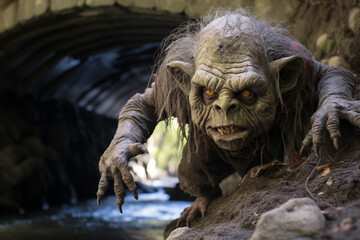 Illustration of a troll living under a bridge.  - obrazy, fototapety, plakaty