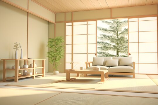 Three dimensional render of corner of peaceful  Japanese style modern living room, cozy, comfortable, design, 3d model, illustration, view from top, nordic, green plants eco, pastel colors, furniture