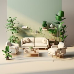 Three dimensional render of corner of colorful modern living room, cozy, comfortable, design, 3d model, illustration, view from top, nordic, green plants eco, pastel colors, furniture, concept project