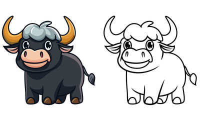 Cute buffalo cartoon vector illustration, black Bull colored and black and white line artwork stock vector image