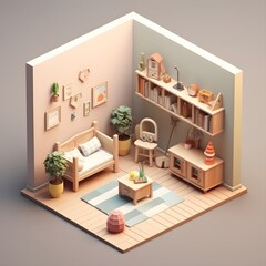 Three dimensional render of corner of colorful modern living room, cozy, comfortable, design, 3d model, illustration, view from top, nordic, green plants eco, pastel colors, furniture, concept project