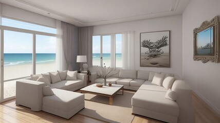 Fototapeta premium Sofa near blank picture frame on white wall of living room in modern house or luxury hotel. Cozy home interior 3d rendering with beach and sea view