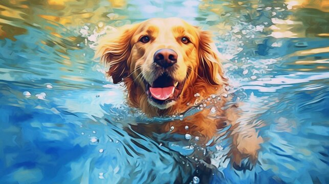 Water color painting of a dog swimming.Generative AI.