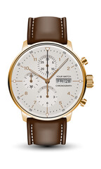 Realistic watch clock chronograph face gold brown leather strap on white design classic luxury vector
