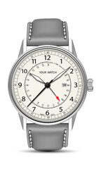 Realistic watch clock chronograph face silver dark grey leather strap on white design classic luxury vector